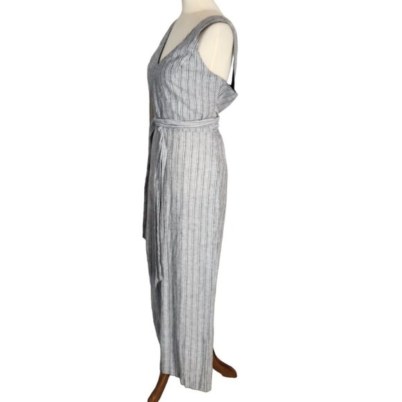 1. State Linen (sz 12) Blend Wide Leg V Neck Grey Striped High Waist Jumpsuit - Picture 2 of 12
